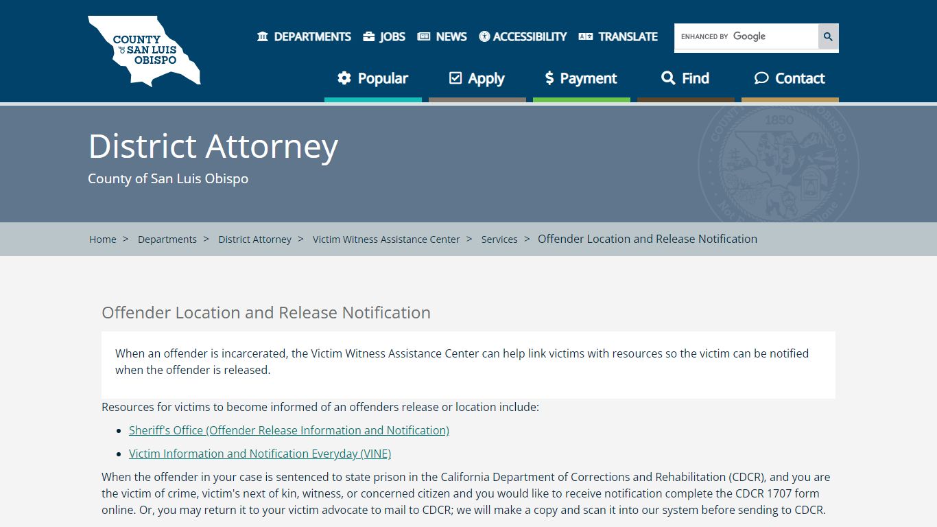 Offender Location and Release Notification - County of San Luis Obispo